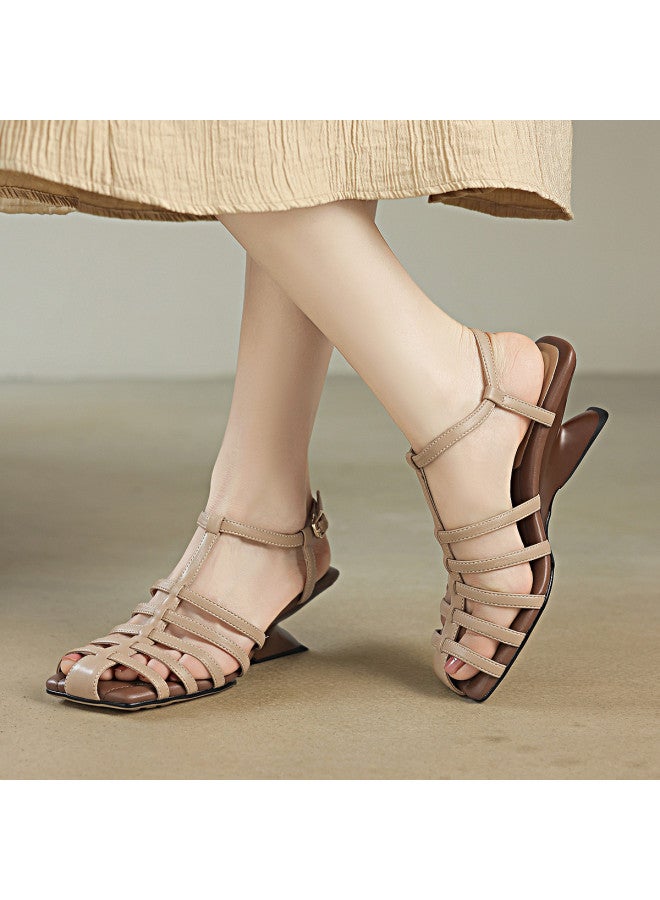 Retro Roman Sandals For Women, 2025 Summer Square-toe Woven Hollow-out Peep-toe Soft Sole Cage Sandals - Image 5