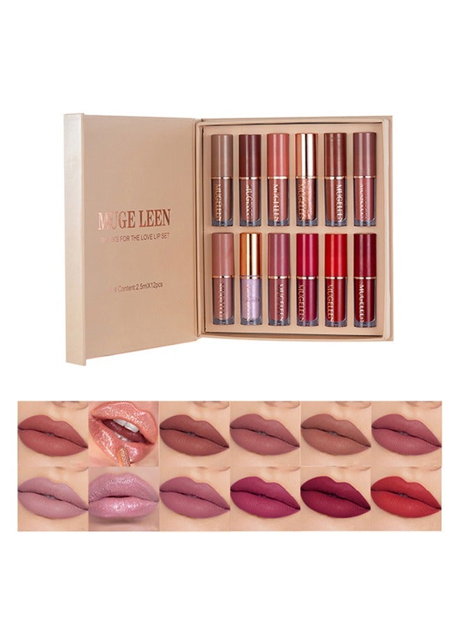 MUGE LEEN Thanks For The Love Lip Set,12 Colors Matte & Intense Lipstick 24H Long Lasting Waterproof Smudge Proof Non Sticky Not Fade Lightweight High Pigmented Portable Multi Use Lipstick Liquid Gift Set  - Image 1