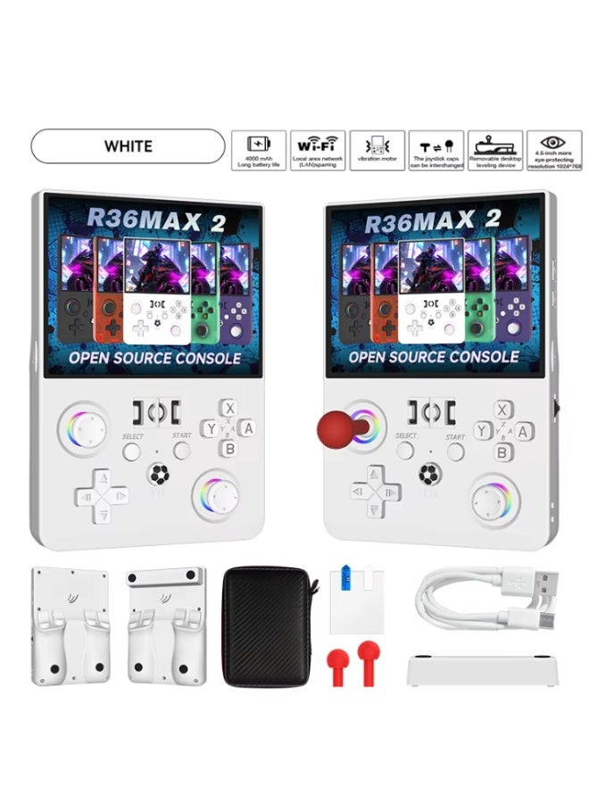 جهاز الألعاب المحمول R36MAX 2 Retro، شاشة IPS HD مقاس 4.5 بوصة، معالج عالي الأداء بتردد 1.5 جيجاهرتز، بطارية سعة 4000 مللي أمبير، دعم لمحاكيات متعددة، جهاز ألعاب فيديو كلاسيكي بنمط "الأركيد" – اللون أبيض. - Image 1