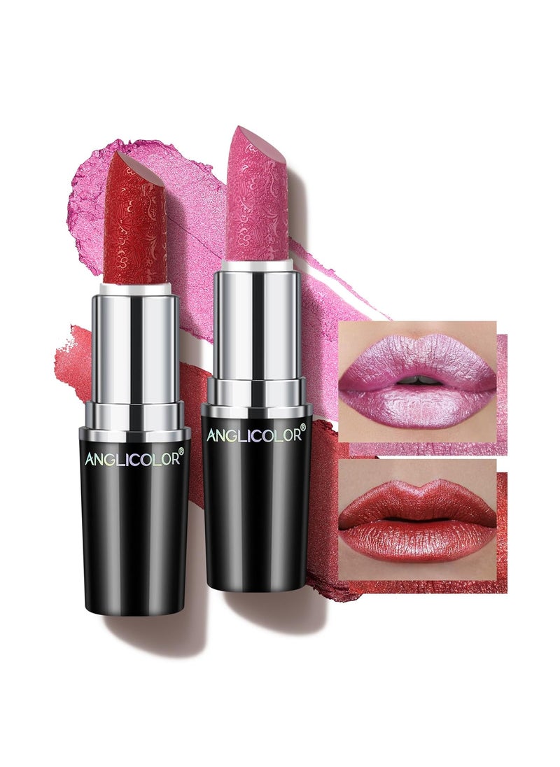 Anglicolor 2pcs Glitter Lipstick High Impact Lipcolor,Red and Pink Lipstick Moisturizing Creamy Formula,Metallic Lipstick For Women For Vegan & Cruelty-Free,Full-Coverage Lip Color 