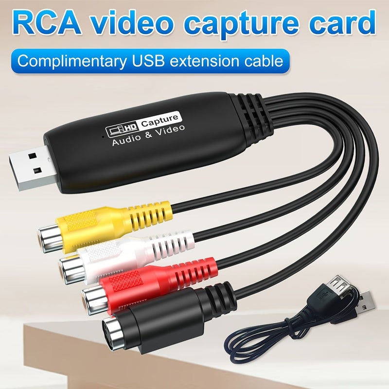 بطاقة التقاط الفيديو USB، محول RCA إلى USB لمسجل الفيديو VHS ومشغل DVD وكاميرا الفيديو باللون الأسود - Image 1