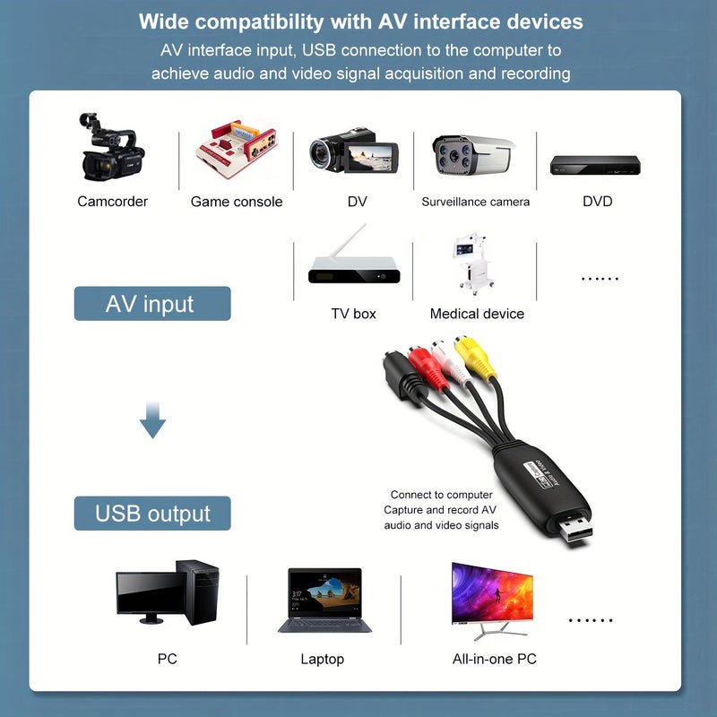 بطاقة التقاط الفيديو USB، محول RCA إلى USB لمسجل الفيديو VHS ومشغل DVD وكاميرا الفيديو باللون الأسود - Image 5