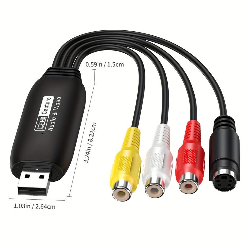 بطاقة التقاط الفيديو USB، محول RCA إلى USB لمسجل الفيديو VHS ومشغل DVD وكاميرا الفيديو باللون الأسود - Image 2