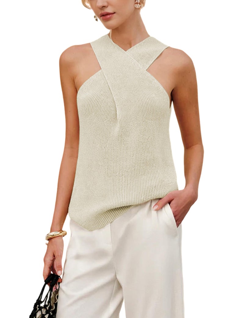 Yeokou Women Halter Cross Over Collar Tank Knit Sleeveless Top Solid Color Casual Summer Blouse(Apricot-M) - Image 1
