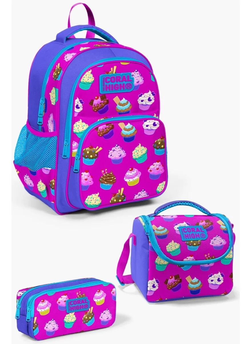 CORAL HIGH Kids Lavender Pink Cupcake Patterned 3-Piece School Bag Set SET0123495