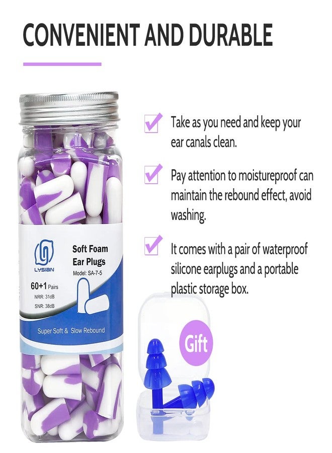 LYSIAN Ultra Soft Foam Ear Plugs Sleeping-Noise Cancelling Earplugs 38dB SNR - Sleep Ear Plugs Noise Reduction for Snoring, Mowing, Shooting Sound Block,Double Color Purple/White - Image 3