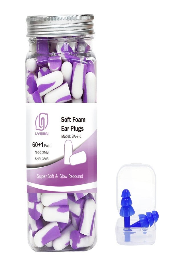 LYSIAN Ultra Soft Foam Ear Plugs Sleeping-Noise Cancelling Earplugs 38dB SNR - Sleep Ear Plugs Noise Reduction for Snoring, Mowing, Shooting Sound Block,Double Color Purple/White - Image 1