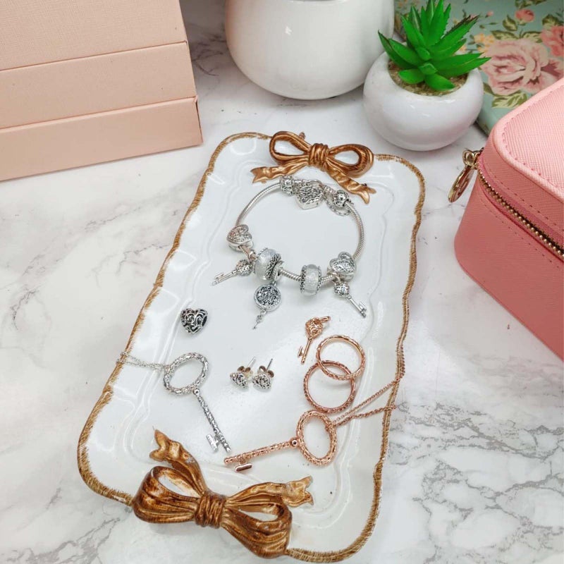 Cayway 2 PCS Vintage Resin Tray, Vintage Decorative Tray, Bow-Knot Resin Dish Plate for Towel Tray, Fruit Trays Rings Bracelets Earrings Holder, Green and Pink - Image 3