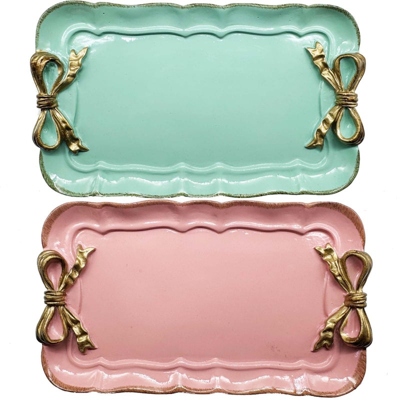 Cayway 2 PCS Vintage Resin Tray, Vintage Decorative Tray, Bow-Knot Resin Dish Plate for Towel Tray, Fruit Trays Rings Bracelets Earrings Holder, Green and Pink - Image 1
