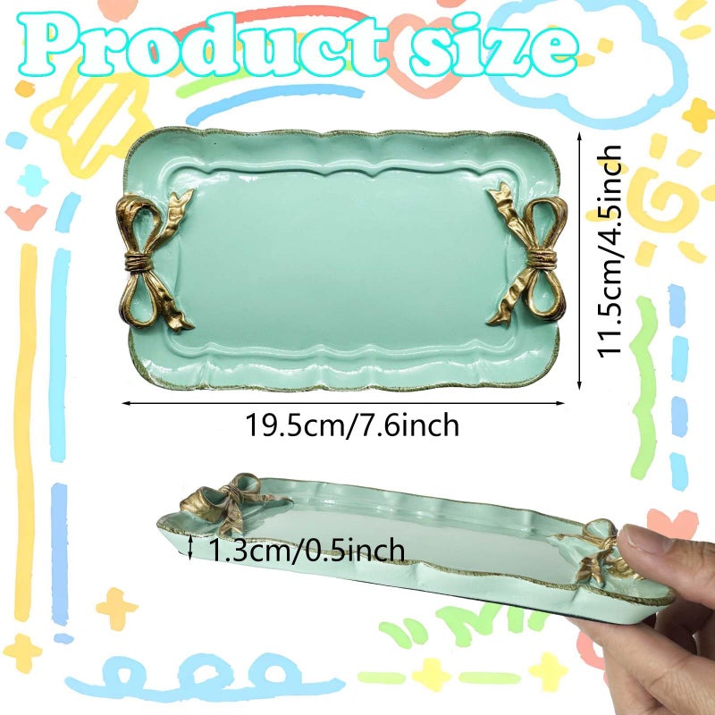 Cayway 2 PCS Vintage Resin Tray, Vintage Decorative Tray, Bow-Knot Resin Dish Plate for Towel Tray, Fruit Trays Rings Bracelets Earrings Holder, Green and Pink - Image 2