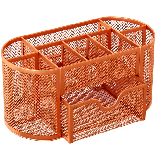EasyPAG Mesh Pen Holder Desk Organizer with Drawer Stationery Supplies Organizer for Dorm School 9 Compartments Workspace Desk Accessories Organization for Office, Orange - Image 2