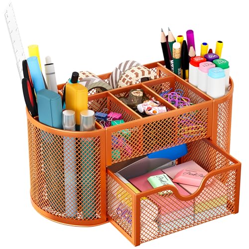 EasyPAG Mesh Pen Holder Desk Organizer with Drawer Stationery Supplies Organizer for Dorm School 9 Compartments Workspace Desk Accessories Organization for Office, Orange - Image 1