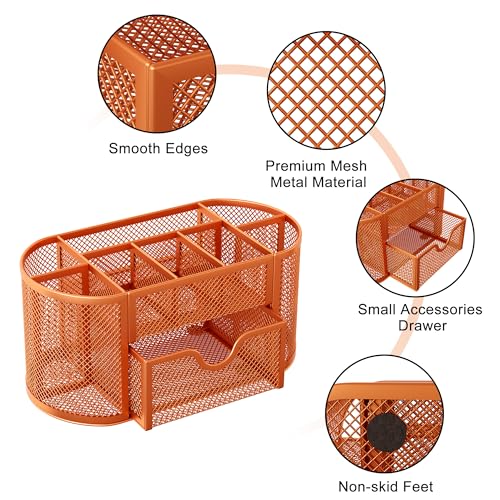EasyPAG Mesh Pen Holder Desk Organizer with Drawer Stationery Supplies Organizer for Dorm School 9 Compartments Workspace Desk Accessories Organization for Office, Orange - Image 4