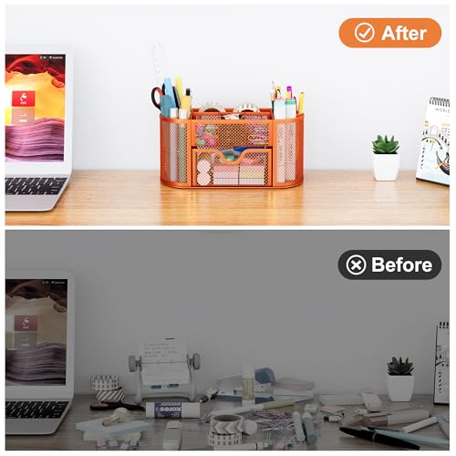 EasyPAG Mesh Pen Holder Desk Organizer with Drawer Stationery Supplies Organizer for Dorm School 9 Compartments Workspace Desk Accessories Organization for Office, Orange - Image 5