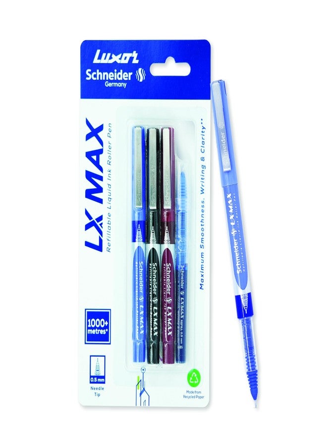 Luxor Schneider, LX MAX roller ball pen, Pack of 3-Blue+Black+Red+1 Refill, Needle Tip, 0.5mm, 100% German Technology, 1000+ mtrs writing length, Waterproof Ink, Ideal for Students & Professionals - Image 1