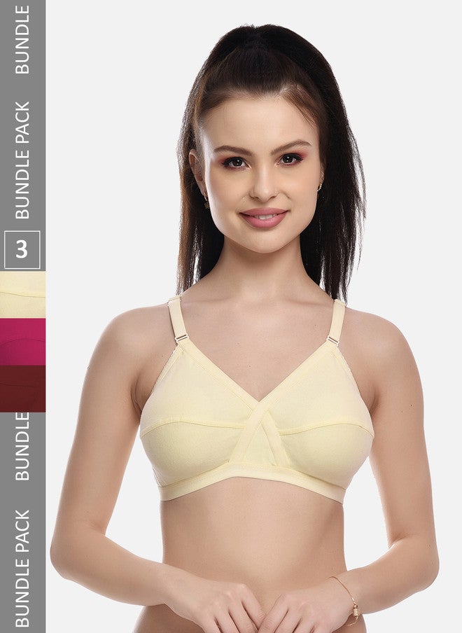FIMS Pack of 3 Cotton Blend Non-Padded Bras in Beige, Pink, and Maroon - Image 1