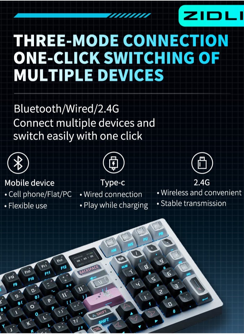 ZIDLI - ZIDLI FK980 Custom Mechanical Keyboard with DIY Display Screen RGB Gasket Structure KTT Hyacinth Switches Wireless Triple Connectivity 98-Key Compact Layout PBT Keycaps 5 Color Variants - Image 1