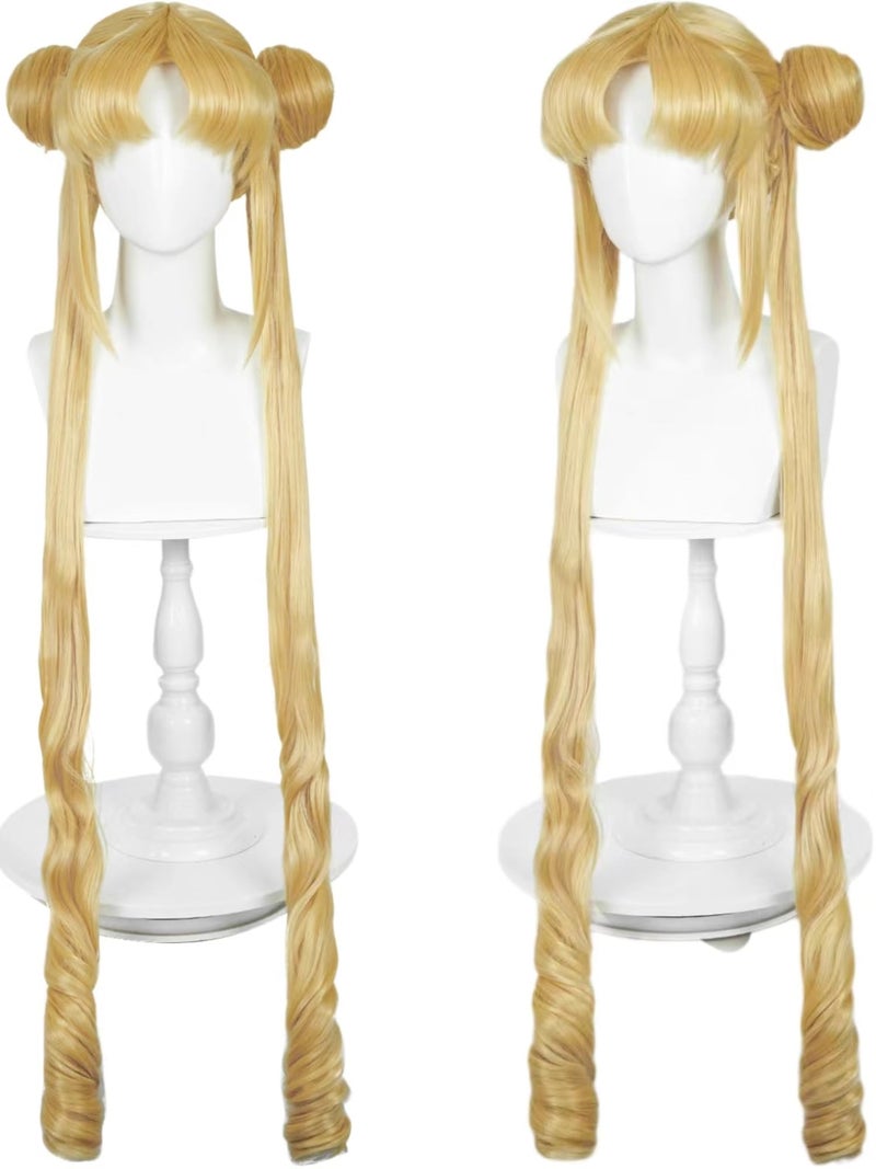 Long Blonde Anime Cosplay Wig with Bangs Buns 39 Blonde Curly Ponytail Wigs Cute Pigtails Costume Wig for Women Halloween Party