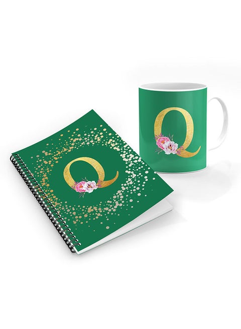 Stylizedd Designer Printed Coffee Mug + A5 Spiral Notebook Memo Notepad Journal Personalised Combo Gift Set  - Custom Monogram Initial Letter Floral Pattern Alphabet -  Q (Spring Green)
