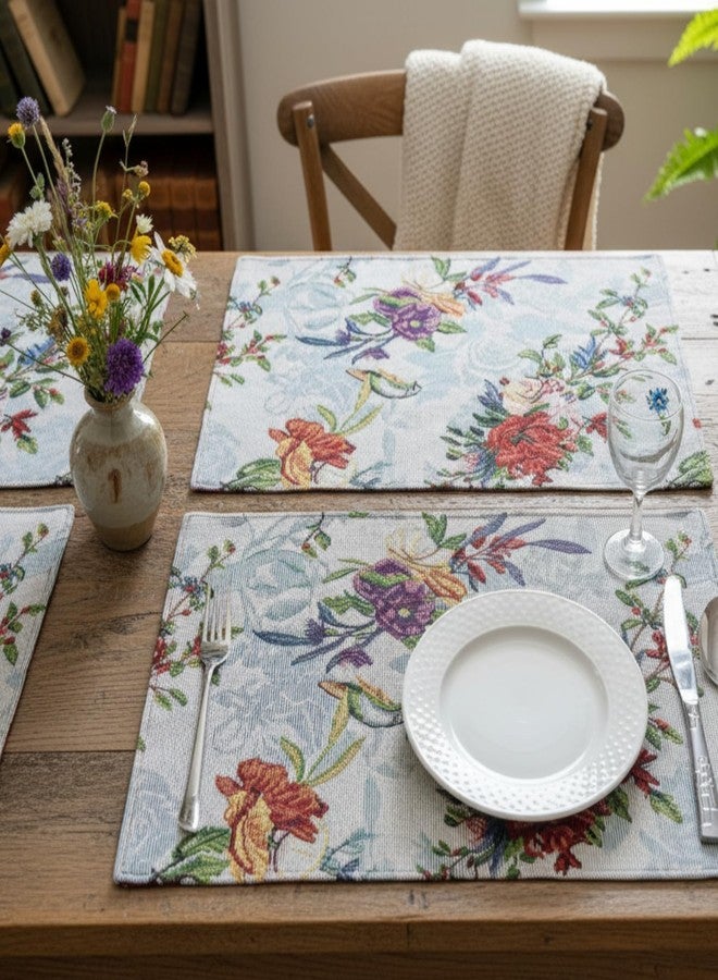 DaDa Bedding Tropical Paradise Floral Blue Roses Placemats - Set of 4 Tapestry Nature Birds Exotic Flowers Botanical Garden Berries - Decorative Linen Woven Kitchen Dining Table Mats - 13” x 19” - Image 1