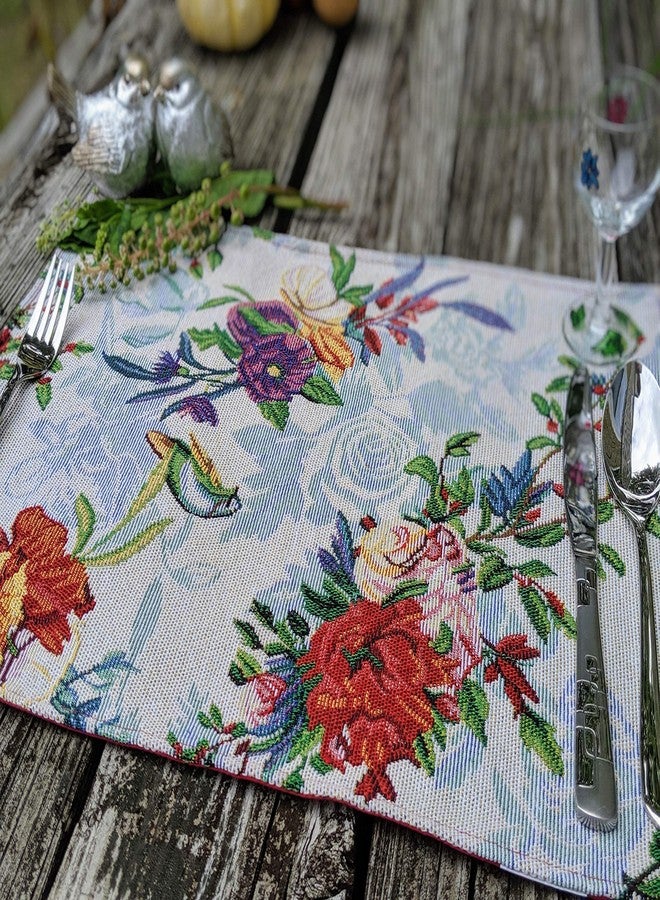 DaDa Bedding Tropical Paradise Floral Blue Roses Placemats - Set of 4 Tapestry Nature Birds Exotic Flowers Botanical Garden Berries - Decorative Linen Woven Kitchen Dining Table Mats - 13” x 19” - Image 5