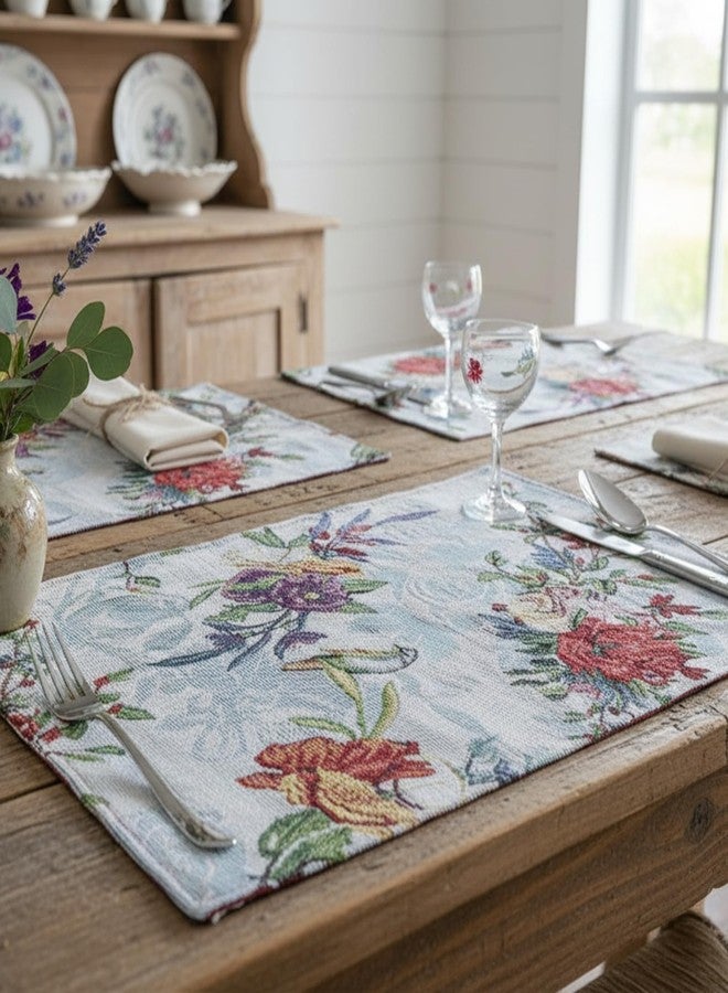 DaDa Bedding Tropical Paradise Floral Blue Roses Placemats - Set of 4 Tapestry Nature Birds Exotic Flowers Botanical Garden Berries - Decorative Linen Woven Kitchen Dining Table Mats - 13” x 19” - Image 2