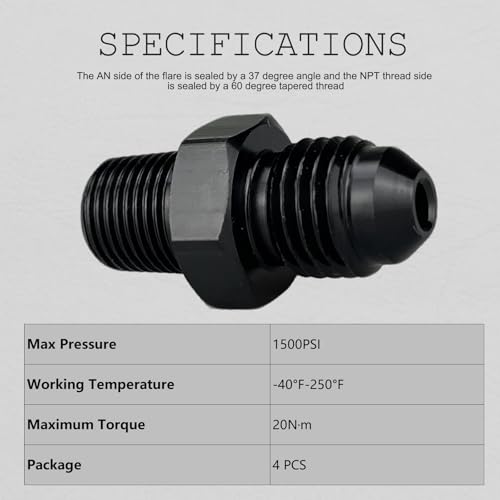 caqeg 4AN Male Flare to 1/8" NPT Pipe Fitting Adapter Aluminum Straight Black, Pack of 4 - Image 3