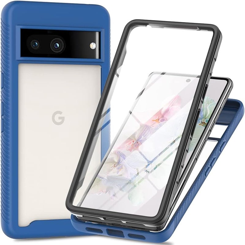 زيني غطاء لهاتف Google Pixel 7a، حماية صدمات 360 درجة مع حماية شاملة وواقي شاشة مدمج، غطاء خارجي متين بإطار - أزرق داكن - Image 1