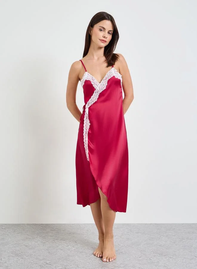 تايك تو burgundy Lace Trims Strappy Satin Wrap Slip