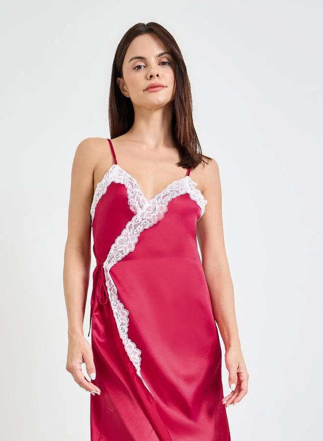 تايك تو burgundy Lace Trims Strappy Satin Wrap Slip