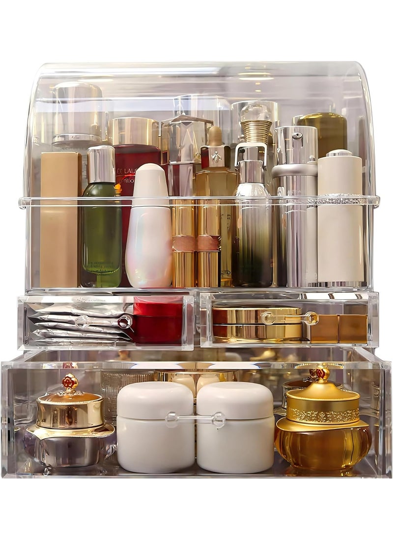 CONHENCI Large Acrylic Makeup Organizer With Lid Cosmetic Storage Drawers Portable Makeup Organizers Dustproof And Waterproof Box For Women (Gold/Clear, 11.8inx 14in x 7in) 