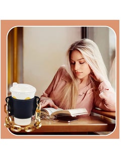 KASTWAVE Reusable Coffee Cup Holder, Portable Chain Leather Handy Water Cup Holder for Cold and Hot Drinks Coffee Lovers Gifts for Women Black  - Image 4