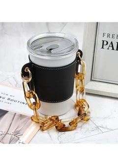 KASTWAVE Reusable Coffee Cup Holder, Portable Chain Leather Handy Water Cup Holder for Cold and Hot Drinks Coffee Lovers Gifts for Women Black  - Image 2