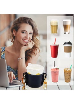 KASTWAVE Reusable Coffee Cup Holder, Portable Chain Leather Handy Water Cup Holder for Cold and Hot Drinks Coffee Lovers Gifts for Women Black  - Image 3