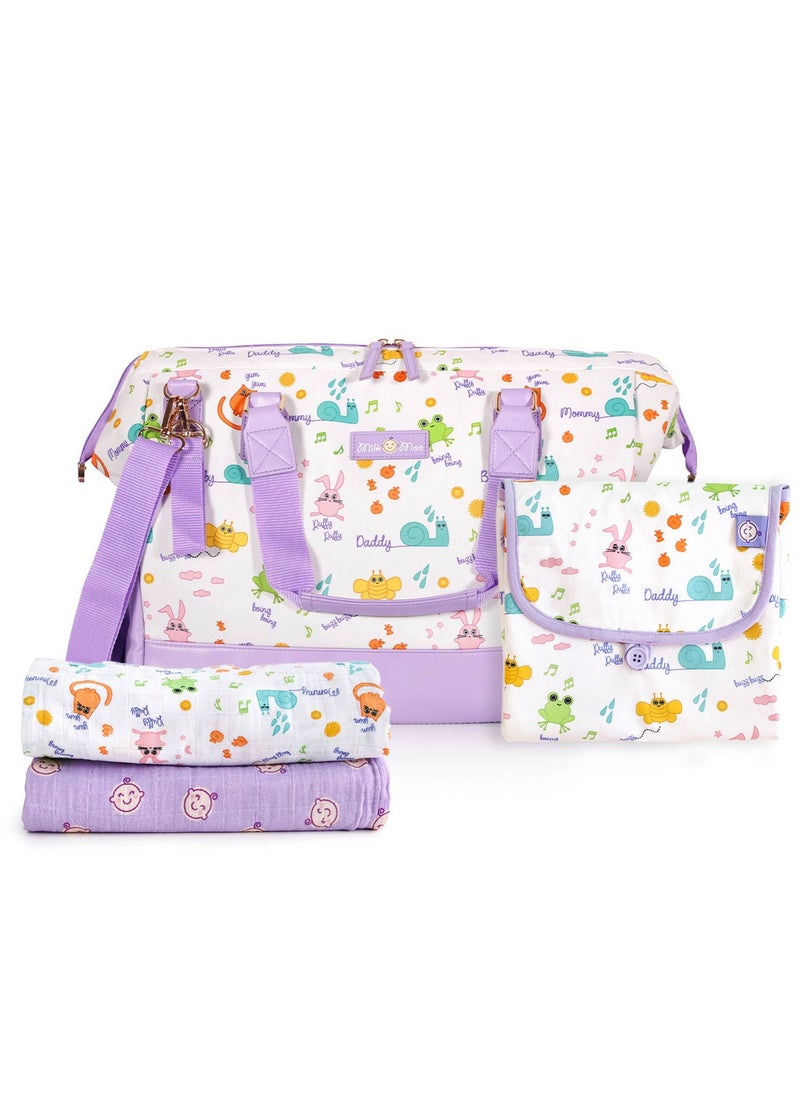 Milk & Moo Set of Tote Diaper Bag Changing Mat and 2pc Muslin Cloth Swaddles, Multipurpose Shoulder Bag, Water-resistant Changing Mat, 2pc Muslin Cloth Swaddle, Baby Care Bundle  - Image 1