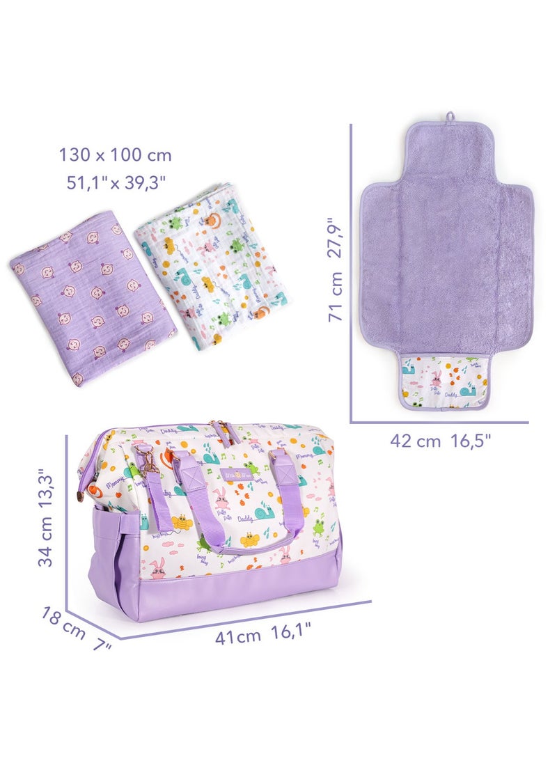Milk & Moo Set of Tote Diaper Bag Changing Mat and 2pc Muslin Cloth Swaddles, Multipurpose Shoulder Bag, Water-resistant Changing Mat, 2pc Muslin Cloth Swaddle, Baby Care Bundle  - Image 2