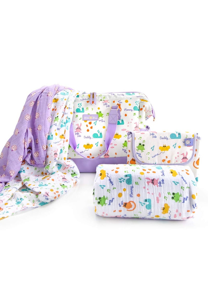 Milk & Moo Set of Tote Diaper Bag Changing Mat and 2pc Muslin Cloth Swaddles, Multipurpose Shoulder Bag, Water-resistant Changing Mat, 2pc Muslin Cloth Swaddle, Baby Care Bundle  - Image 3