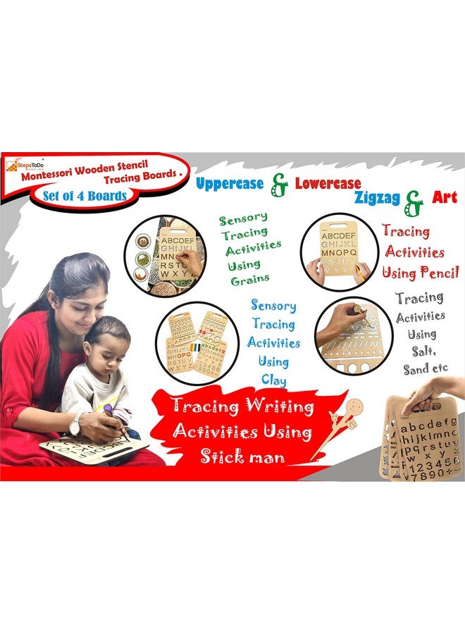 StepsToDo Montessori Wooden Stencil Boards Set of 4. Tracing Kit for Alphabet Letters, Shapes, Numbers, Patterns, Lines, Zig-Zags, Waves, Spirals and Shapes, Large and Small Letters. - Image 1