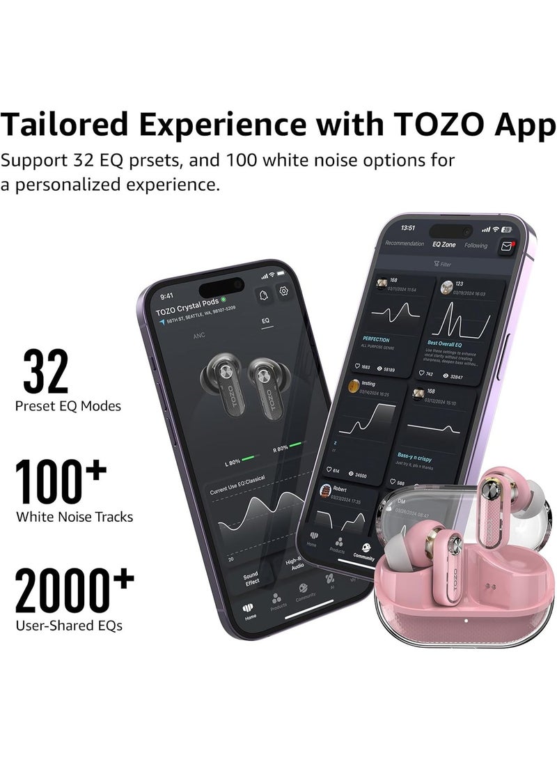 TOZO Hybrid Active Noise Cancelling Wireless Earbuds, Bluetooth 5.4 Headphones, 10mm Drivers Deep Bass Stereo Sound, 4 Mics ENC AI Clear Calls, 32 EQ Customization via App, Crystal Case Design - Image 2