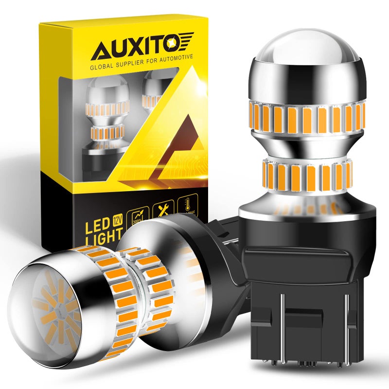 أضواء إشارة الانعطاف LED AUXITO أضواء خلفية 7443 7440 T20 7440A لمبات LED صفراء لامعة 7441 7444 7444NA W21W أضواء استبدال LED لإشارات الانعطاف الأمامية والخلفية ومؤشرات الإضاءة عبوة من 2