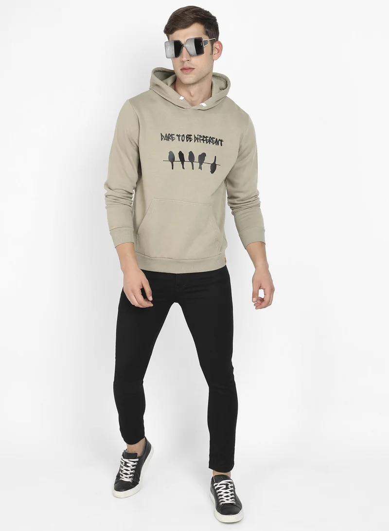 Campus Sutra Men's Olive Green Dare To Be Different Hoodie With Kangaroo Pocket