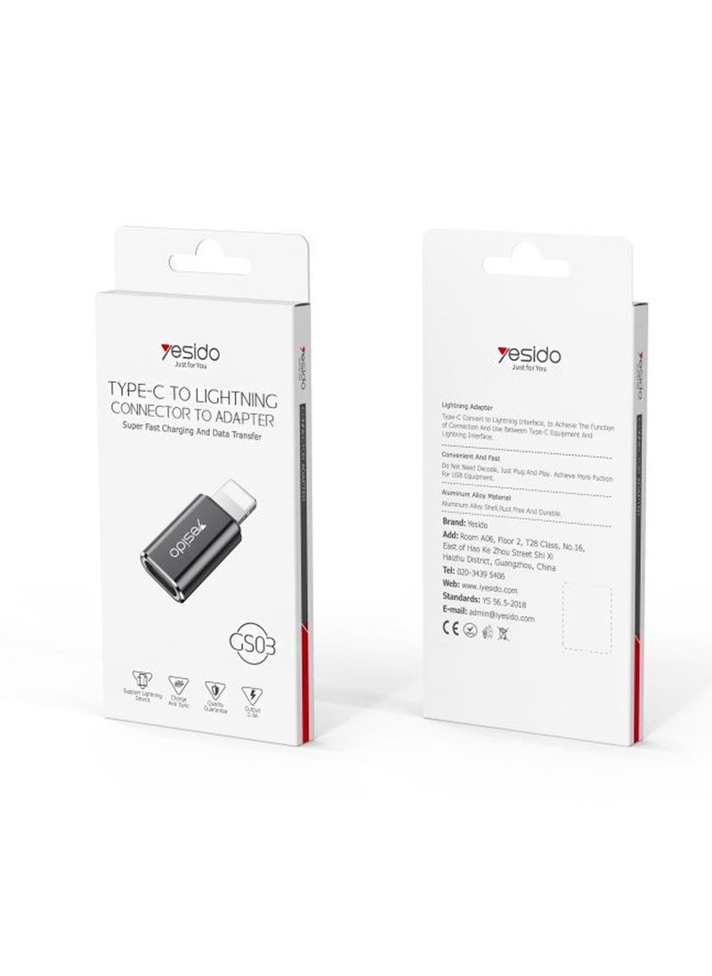 Yesido - GS03 Connector To Adapter Type-C To Lightning Data Transmit OTG Adapter Black - Image 1