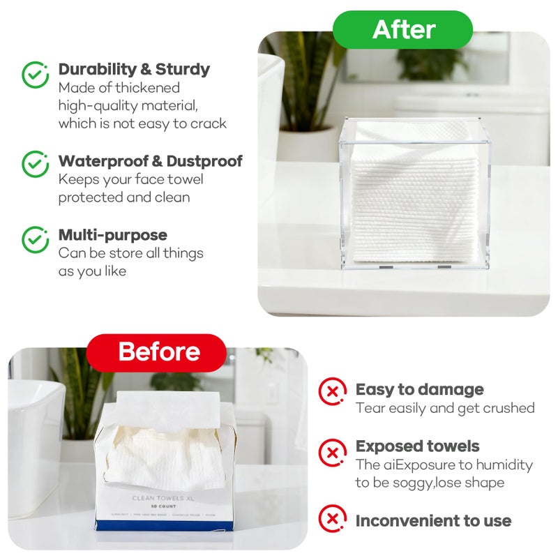 SiLiANK Facial Towel Holder, Large Clear Acrylic Dispenser Box with Cover fit for XL Disposable Face Towels (50+ Countï¼Œnot Include), Easy Assemble Bathroom Countertop Organizer for Towelettes & Wipes - Image 5
