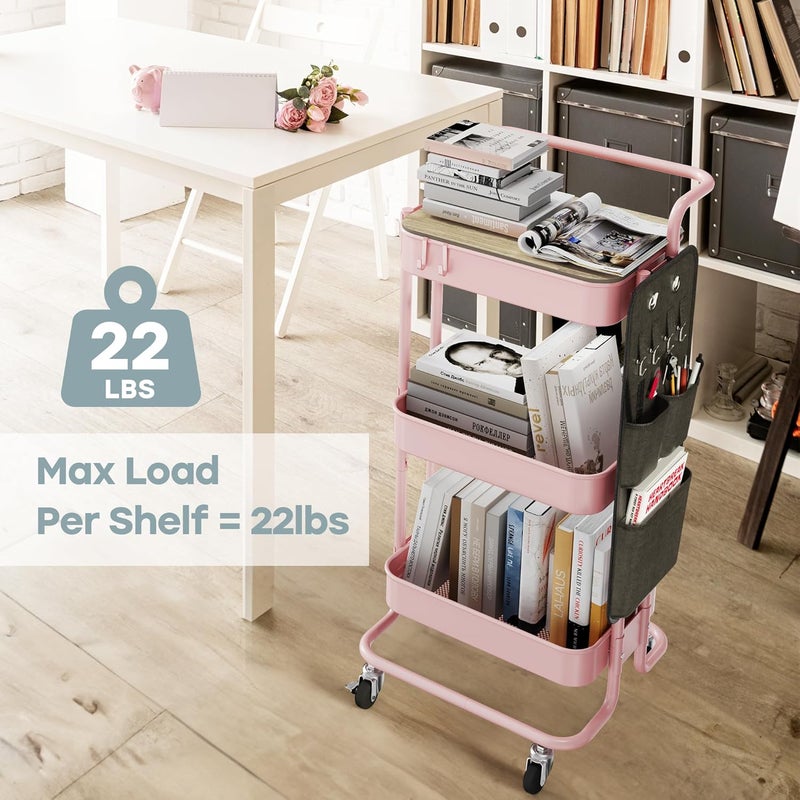 DTK 3 Tier Metal Utility Rolling Cart with Table Top and Side Bags, Metal Tray Storage Organizer Cart with Wheels, Art Craft Cart with 4 Hooks for Kitchen Bathroom Office Living Room (Pink) - Image 3