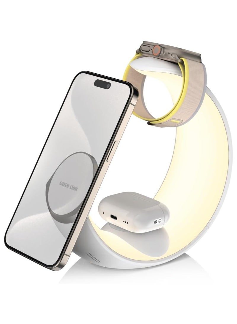 GREEN LION Green Lion Moon Charge 4 in 1 Magnetic Wireless Charger with RGB Ambient Lamp, Magsafe Compatible, 15W Fast Charging, Touch Sensor Key, Type-C Power Input, For iPhone 16/15/14/13/12 Airpods wireless charging & Apple Watch all Models - White  - Image 1