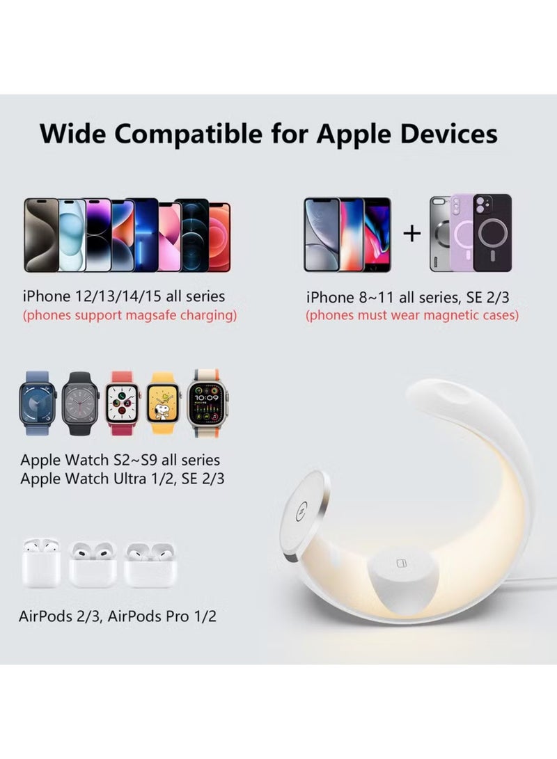 GREEN LION Green Lion Moon Charge 4 in 1 Magnetic Wireless Charger with RGB Ambient Lamp, Magsafe Compatible, 15W Fast Charging, Touch Sensor Key, Type-C Power Input, For iPhone 16/15/14/13/12 Airpods wireless charging & Apple Watch all Models - White  - Image 3