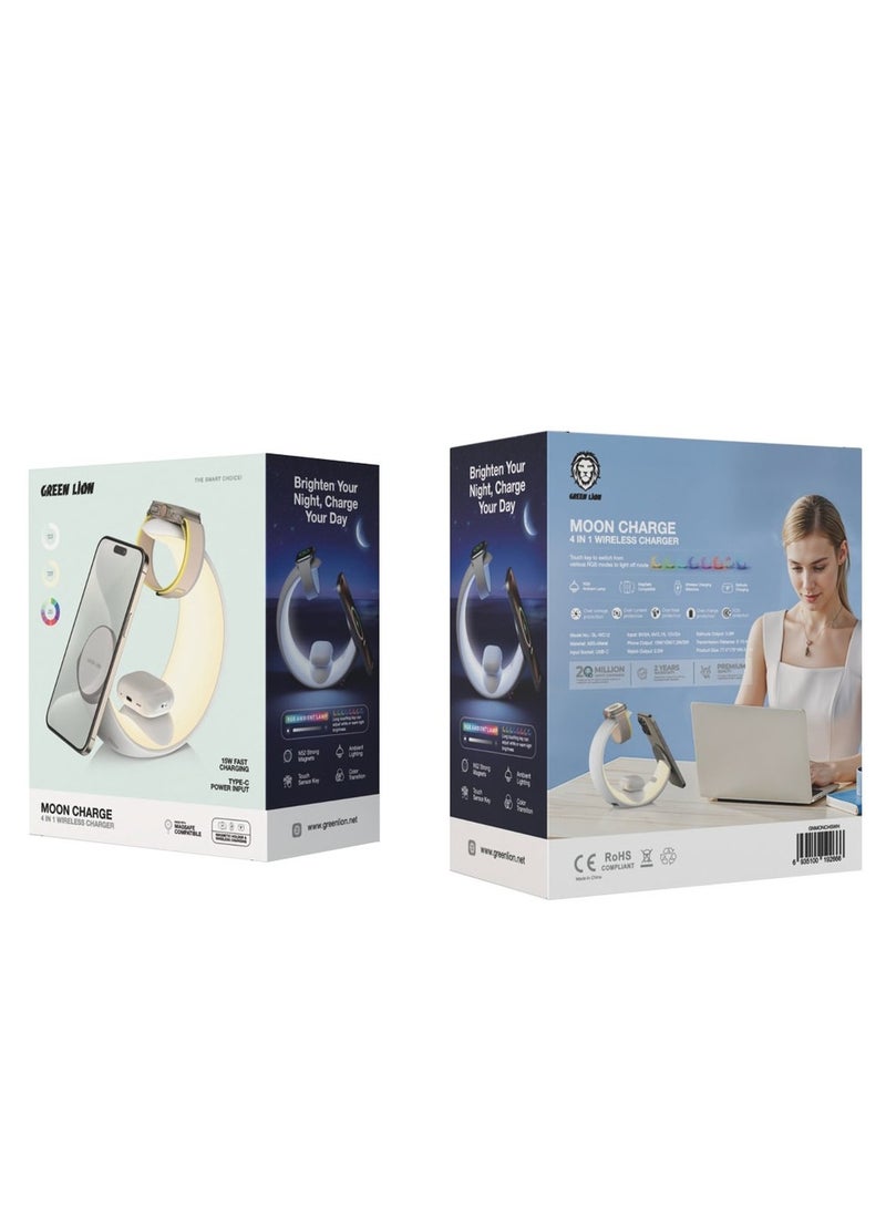 GREEN LION Green Lion Moon Charge 4 in 1 Magnetic Wireless Charger with RGB Ambient Lamp, Magsafe Compatible, 15W Fast Charging, Touch Sensor Key, Type-C Power Input, For iPhone 16/15/14/13/12 Airpods wireless charging & Apple Watch all Models - White  - Image 2