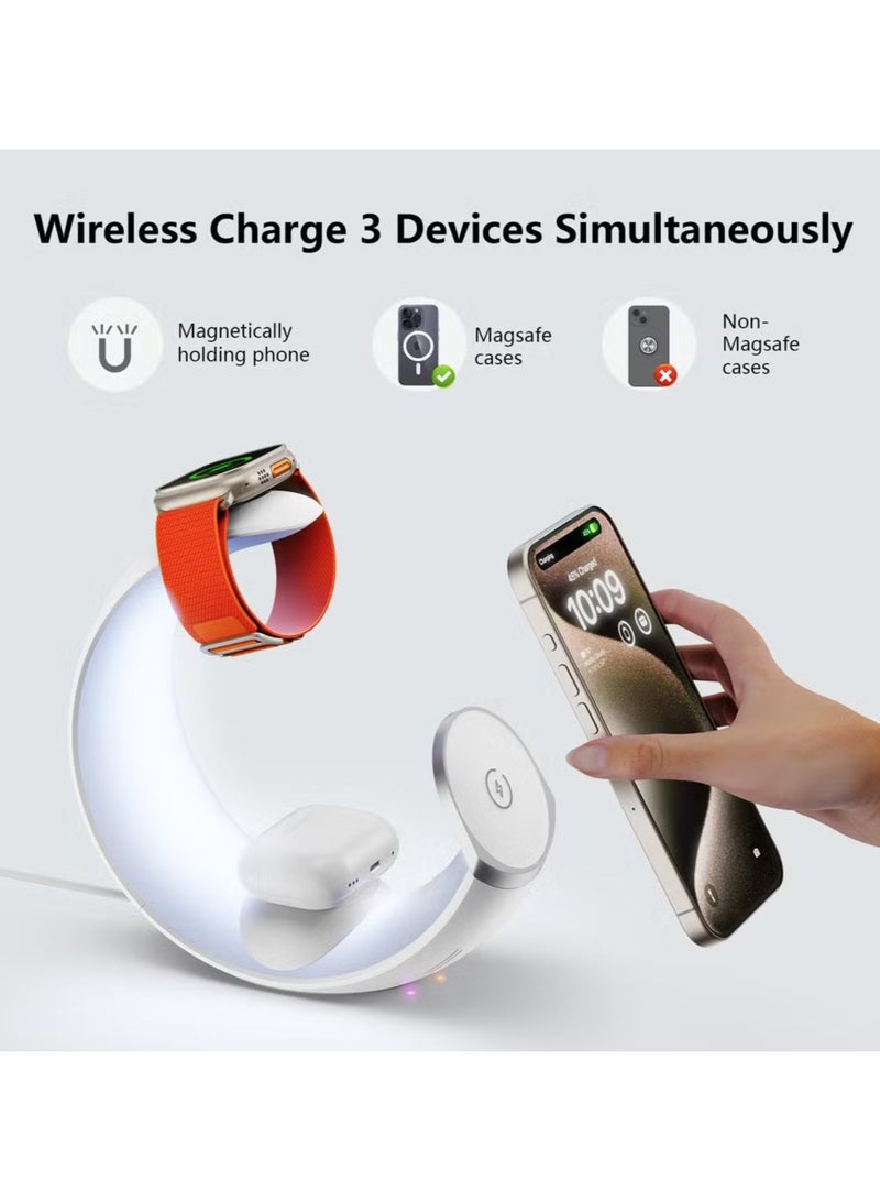 GREEN LION Green Lion Moon Charge 4 in 1 Magnetic Wireless Charger with RGB Ambient Lamp, Magsafe Compatible, 15W Fast Charging, Touch Sensor Key, Type-C Power Input, For iPhone 16/15/14/13/12 Airpods wireless charging & Apple Watch all Models - White  - Image 5