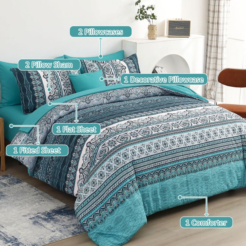 Cottolester Boho King Size Comforter Set 8 Pieces, Teal Comforter Bohemian Striped Bed in A Bag, Soft Microfiber Bedding Set for All Seasons - Image 2
