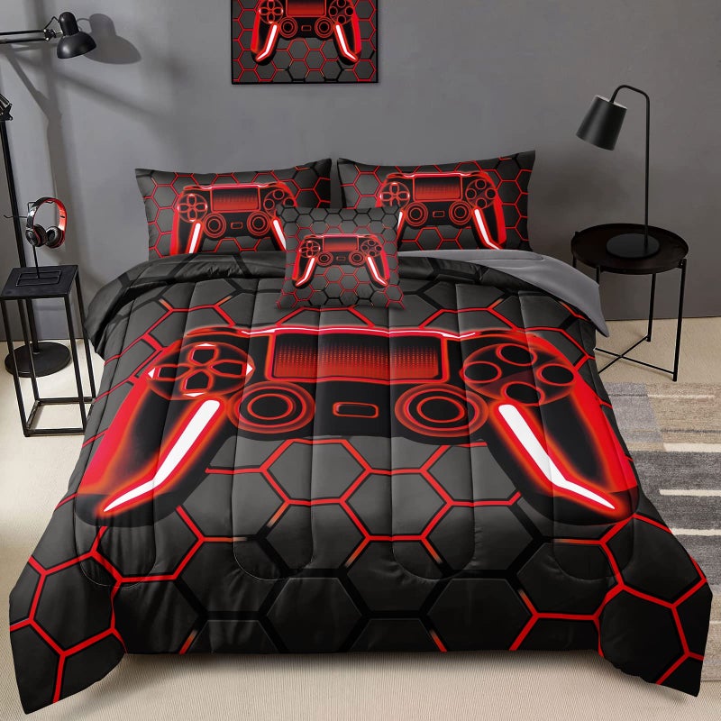 BDUCOK 6 Piece Gamer Comforter Sets Bed in A Bag for Boys Teen KidsHoneycomb Gaming Bedding Sets Gamepad Comforter Microfiber Bed Set for All Season Gamer Home Decorred 6 Piece Sets30023Queen